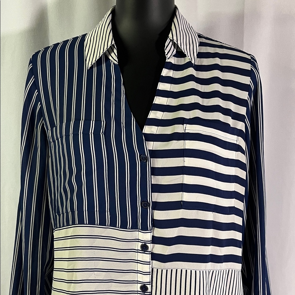 Express Blue Patchwork Stripe Roll-Tab Sleeve But… - image 4